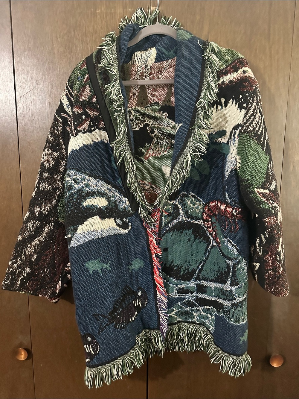 Handmade Fringed Boho Blanket Tapestry Knit Cardigan Blue & Green Animals Sz XL - Picture 2 of 16